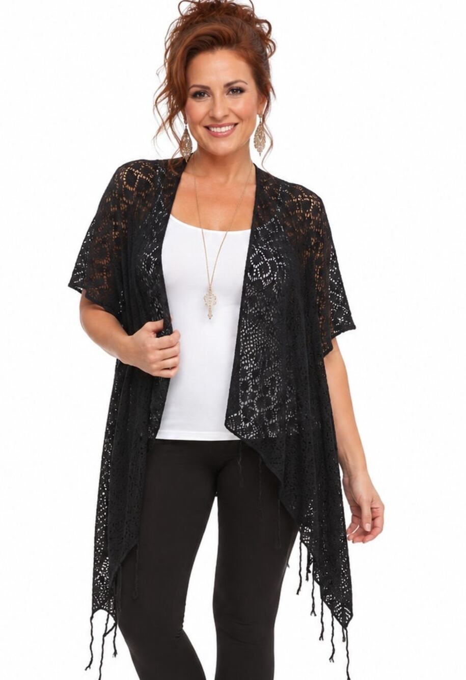 Energe Black Sheer Open Front Kimono With Tassels Crocheted Plus Size XL